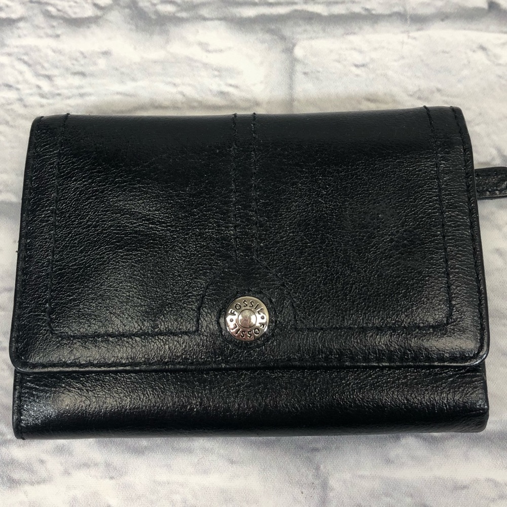 Fossil Trifold leather wallet Black & Silver Cards cash coins